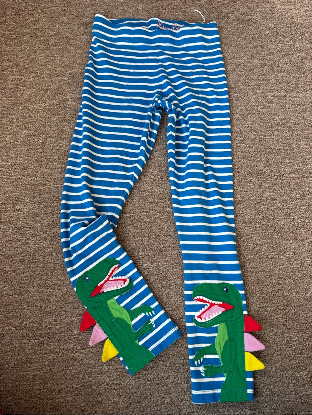 Mini Boden Blue Striped Dinosaur Appliqué Leggings - Kids
